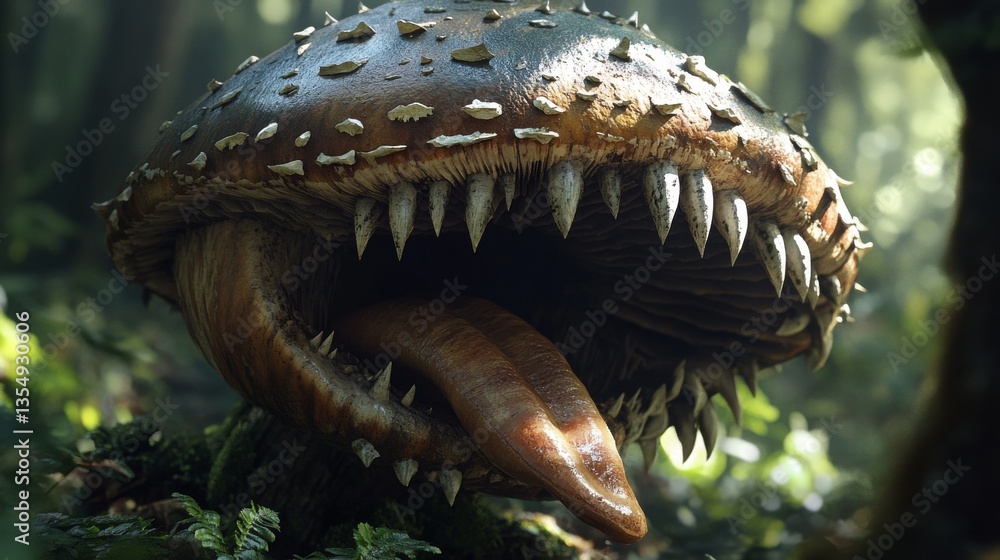 Poster a fantastical mushroom with sharp teeth and a menacing tongue, hidden in a mysterious forest shroude