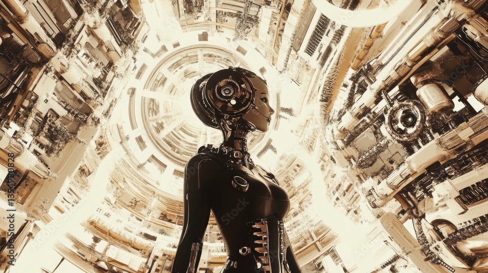 Poster a highly detailed close-up of a humanoid robot in a glowing circular sci-fi environment, emphasizing