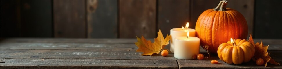 Pumpkin and candles on a distressed wooden table, wood, candles, rustic
