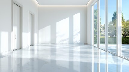 Obraz premium Modern Interior with White Walls Large Windows and Marble Floors