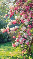 Vibrant spring blossom tree in a lush garden