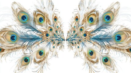 Obraz premium A vibrant, symmetrical arrangement of peacock feathers displayed against a white background, showcasing their intricate patterns and colors. Perfect for decor or elegance themes.. AI Generation