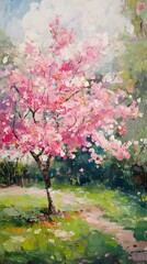 Vibrant spring blossom tree in an impressionist landscape painting