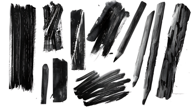 Collection of charcoal sticks and expressive black-and-white sketches, capturing artistic shading, isolated on a white background