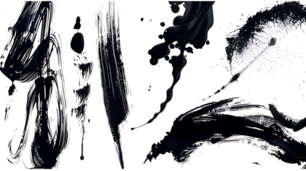 Assorted ink splashes and calligraphy brushes, featuring elegant strokes, isolated on a white background