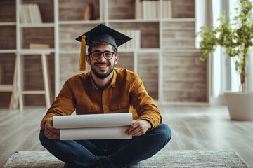 Young caucasian male graduate holding diploma in modern living room