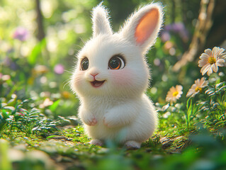 Fototapeta premium a cute, cartoonish white bunny with large, expressive brown eyes and pink cheeks, standing on a bed of green foliage and surrounded by colorful flowers and plants. 
