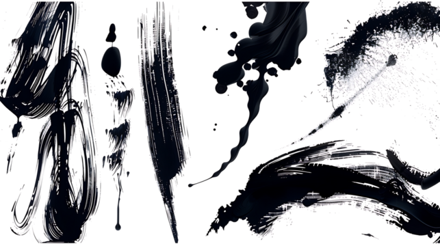 Assorted ink splashes and calligraphy brushes, featuring elegant strokes, isolated on a white background
