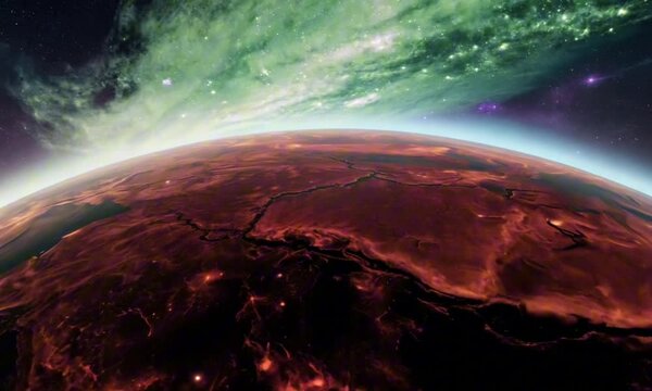 A slumbering eldritch horror stirs beneath the surface of a blood-red planet, its colossal tendrils breaking through the crust. Stars flicker as its presence warps reality. Cosmic horror aesthetic