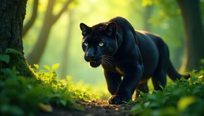 Powerful panther in the shadows of the forest, branches, green, sunlight