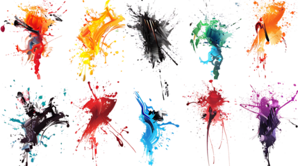 Set of watercolor brushes with splattered paint drops, captured in motion, isolated on a white background