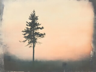 Vintage silhouette of a lone tree against a pastel sunset sky