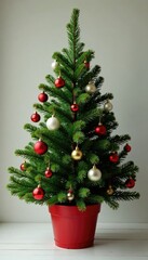 Potted evergreen tree decorated with ornaments, holly, berry