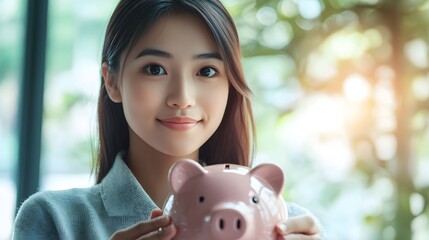 Young Asian woman depositing coin into piggy bank for personal finance