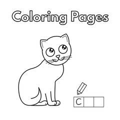 Cartoon cat coloring pages. Learning game for small children - write a word in English language. Vector alphabet for kids
