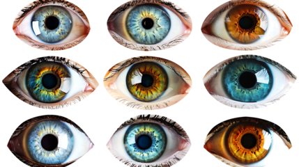 Assorted human eyes, featuring different iris colors and detailed reflections, isolated on a white background
