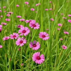 Fototapeta premium Pink dianthus blooms in a lush meadow with tall grass, pink, garden, dianthus