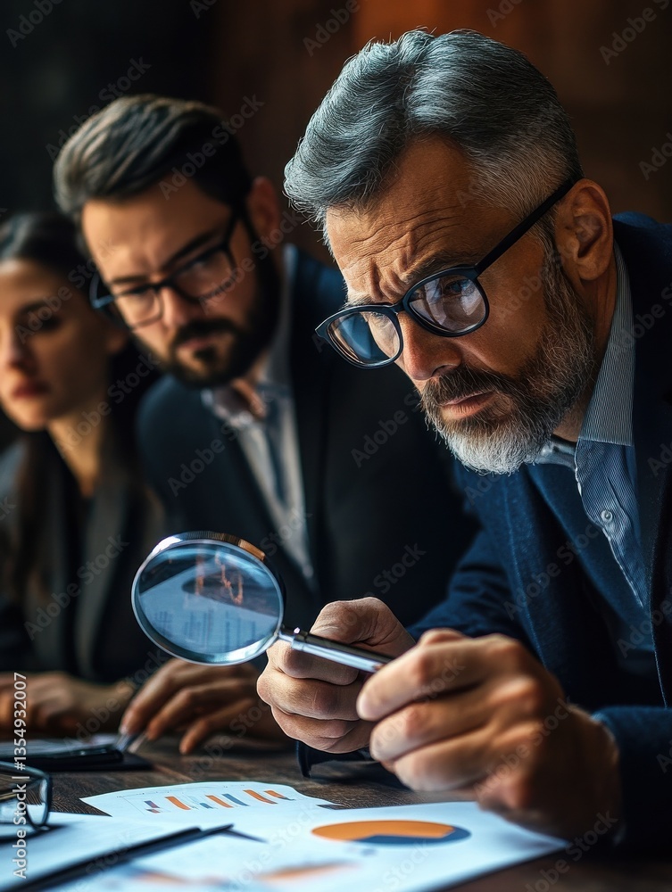 Poster creative seo team analyzing website with magnifying glass and graphs