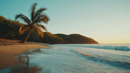A solitary palm tree on a beautiful beach at sunset