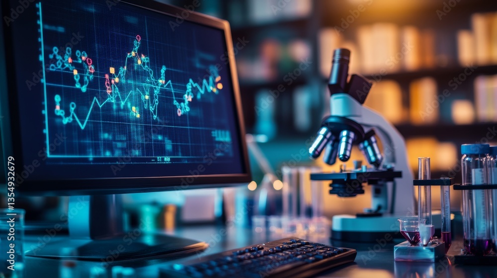 Poster laboratory environment with a microscope and a monitor displaying dynamic digital charts, surrounded