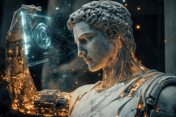 A classical statue featuring modern technological components, including glowing circuits and a holographic interface, blending ancient art with futuristic themes.