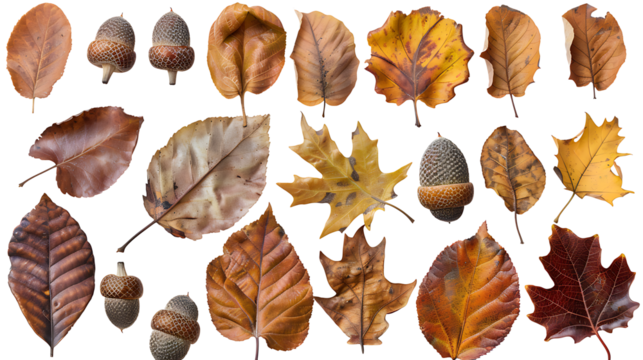 Collection of autumn leaves and acorns, arranged in different patterns, isolated on a white background - Powered by Adobe