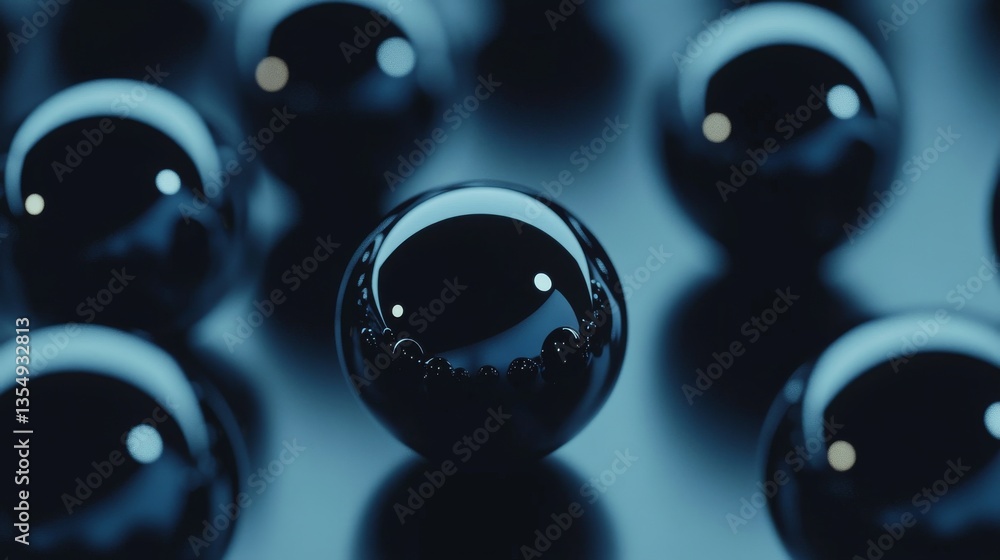 Poster close-up of glossy metallic spheres arranged symmetrically against a dark background. their reflecti