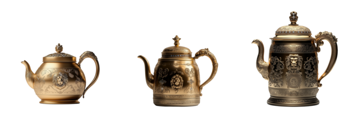 Antique teapots display vintage home setting with decorative pieces