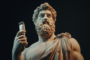 A classical marble sculpture of a bearded man holding an electric razor, ancient art and modern technology. Barbershop, haircut, hairstylist, beard haircut.