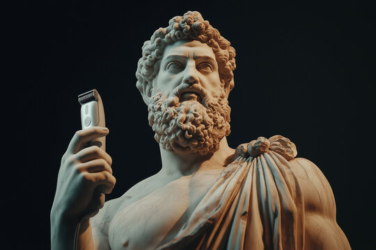 A classical marble sculpture of a bearded man holding an electric razor, ancient art and modern technology. Barbershop, haircut, hairstylist, beard haircut.