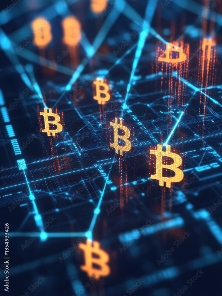 Poster cryptocurrency blockchain with dollar sign icons and digital data network
