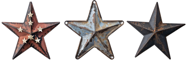 Assorted rustic metal stars, featuring weathered vintage patriotic decor elements, isolated on a white background