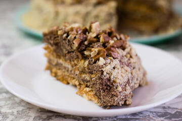 Delicious homemade cake with meringue, peanuts and walnuts on a light background. Appetizing piece...