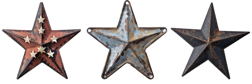 Assorted rustic metal stars, featuring weathered vintage patriotic decor elements, isolated on a white background