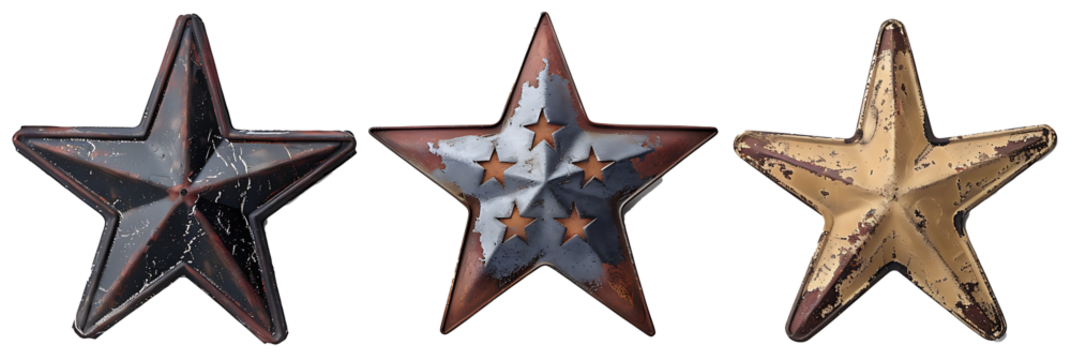 Assorted rustic metal stars, featuring weathered vintage patriotic decor elements, isolated on a white background