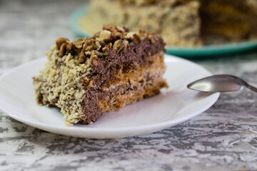 Delicious homemade cake with meringue, peanuts and walnuts on a light background. Appetizing piece of cake on a white plate close-up. Concept of natural homemade baking