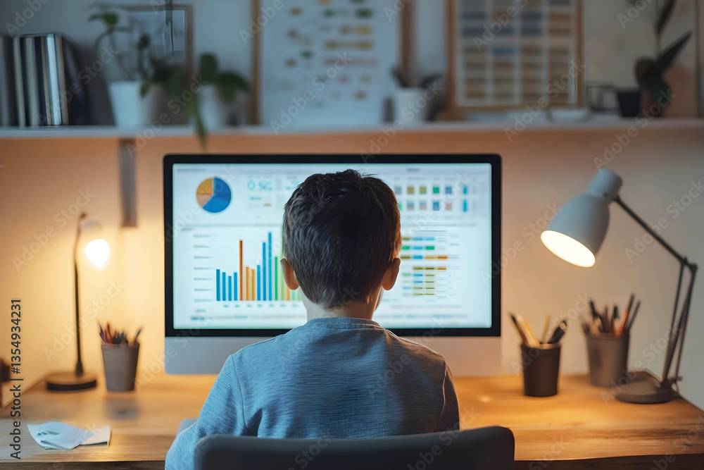 Poster boy sitting at desk and analyzing colorful charts and graphs on computer screen in cozy home office 