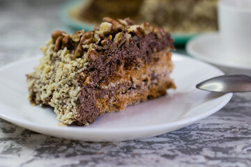 Delicious homemade cake with meringue, peanuts and walnuts on a light background. Appetizing piece of cake on a white plate close-up. Concept of natural homemade baking