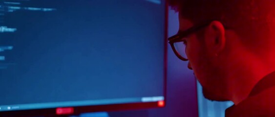 2:35:1 A programmer in a dark, high-tech workspace stares at multiple monitors. Digital code cascades down the screens, reflecting off his glasses. Glitchcore look with blue and red gel lighting