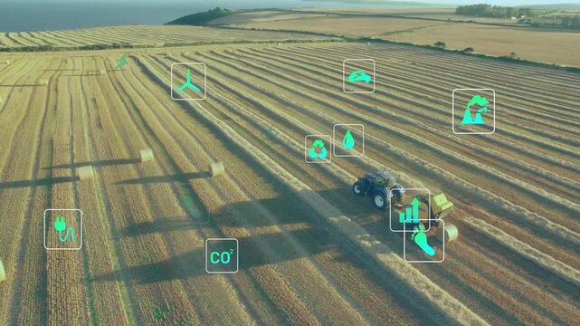 Tractor harvesting crops with animation of agricultural technology icons in field