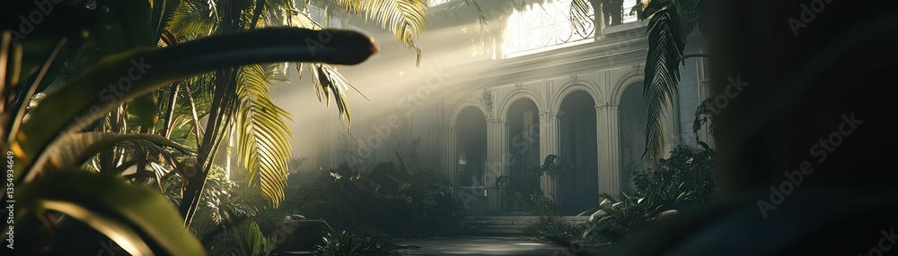 Poster sunlight streams into a classic building filled with overgrown foliage