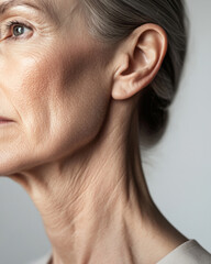 elderly woman with visible wrinkles and fine lines on her face and neck, showcasing natural aging