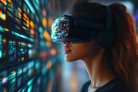 Woman VR headset data center exploring - Powered by Adobe