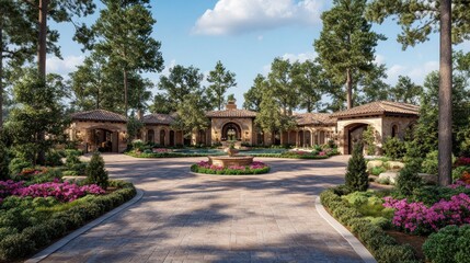 Naklejka premium A Luxurious Estate Home Surrounded by Trees and Manicured Landscaping