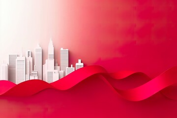 White city buildings paired with a red ribbon on a red - gradient background, symbolizing the vitality and energy of urban life, suitable for city - brand promotion and event - related visuals.