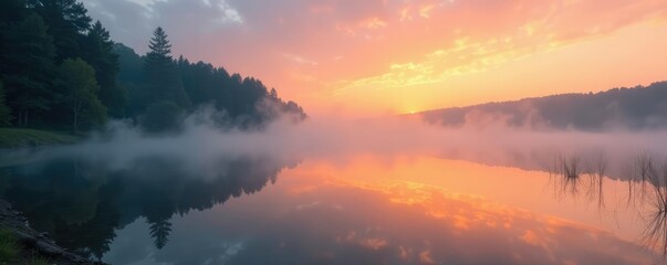Fototapeta premium Foggy mist rises from water surface at dawn near shallow lake, calm, sunrise, wetland