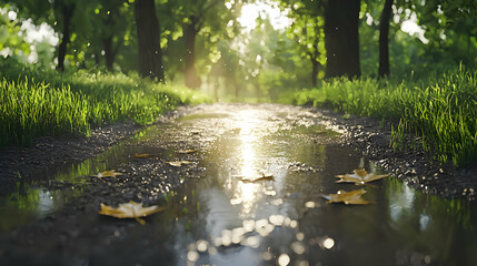 Obraz premium Sunlit path in a wet forest after rain. Golden leaves reflecting sunlight in a puddle. Lush green grass, trees and sunlight