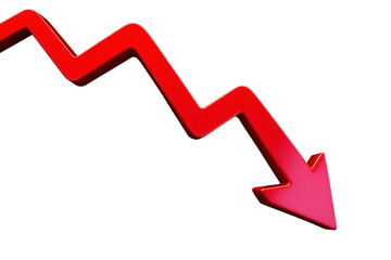 Red downward zigzag arrow isolated on white background, representing financial loss, decline, or negative trend. Ai generative