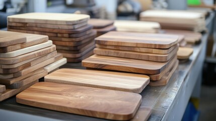 Fototapeta premium Wooden Cutting Boards in a Manufacturing Facility for Kitchenware Production