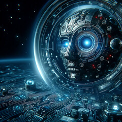 A futuristic cybernetic AI head with glowing circuits and digital elements, representing artificial intelligence and advanced technology.